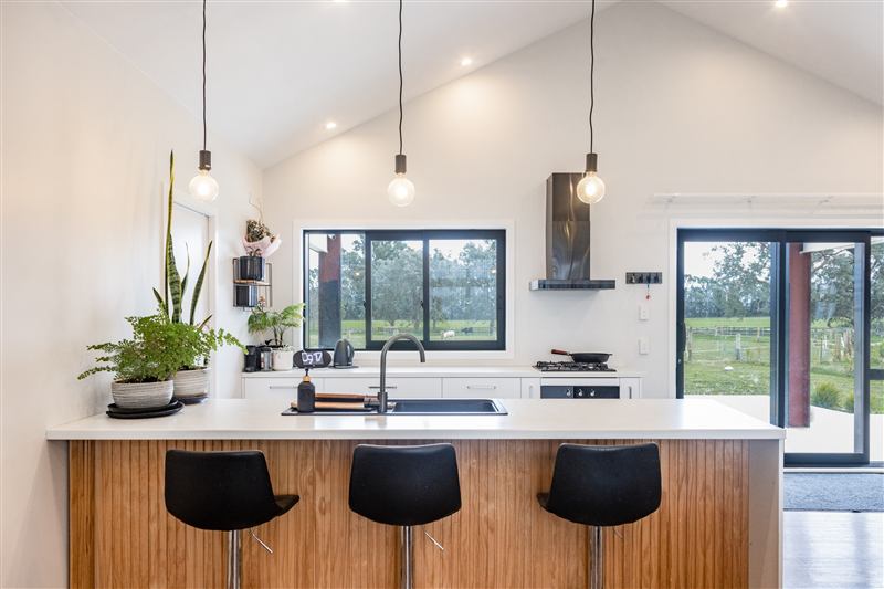 Kitchen with a timber-clad island and pendant lights