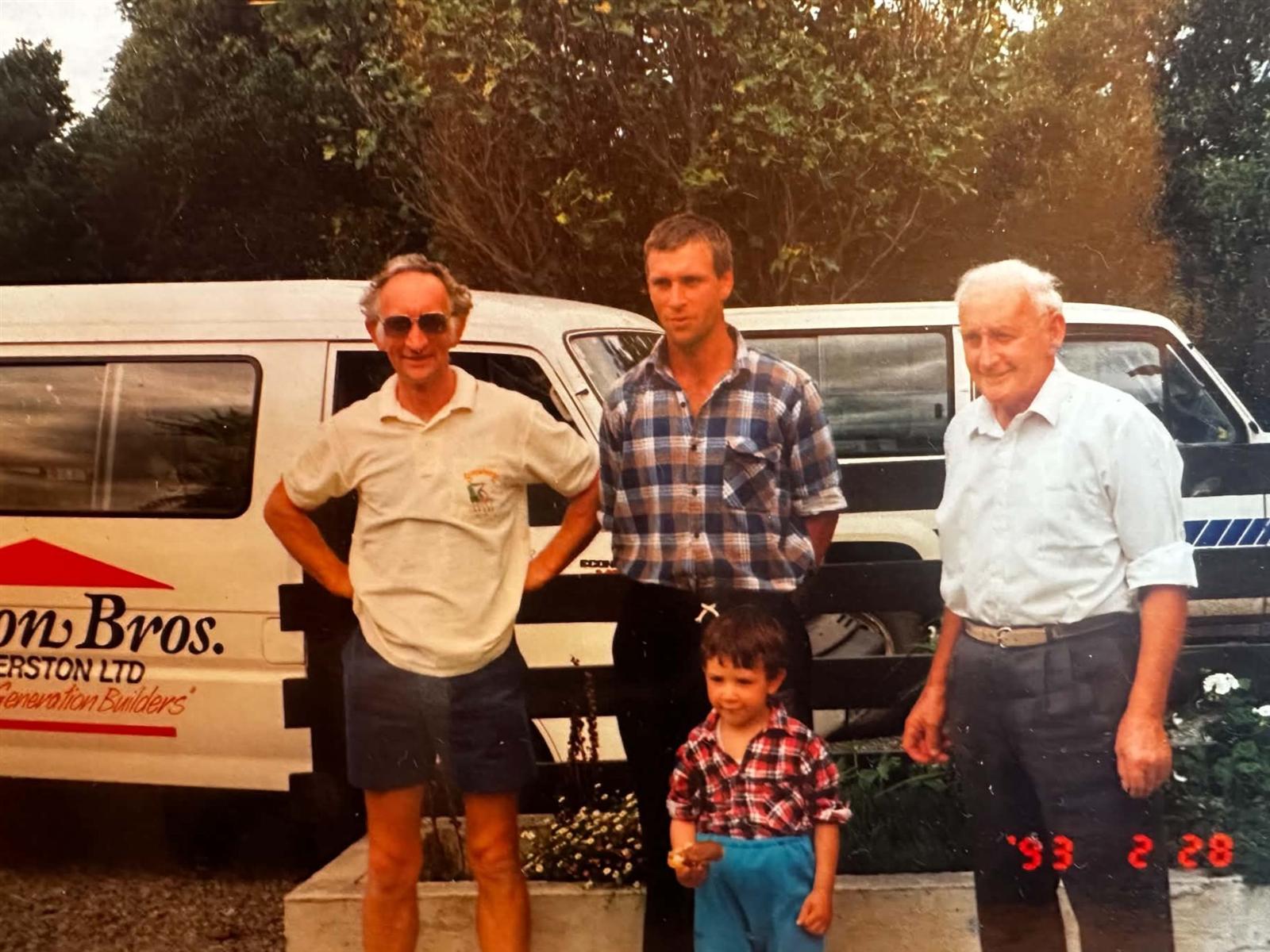 Four generations of the Johnson family outside a Johnson Bros van, 1993